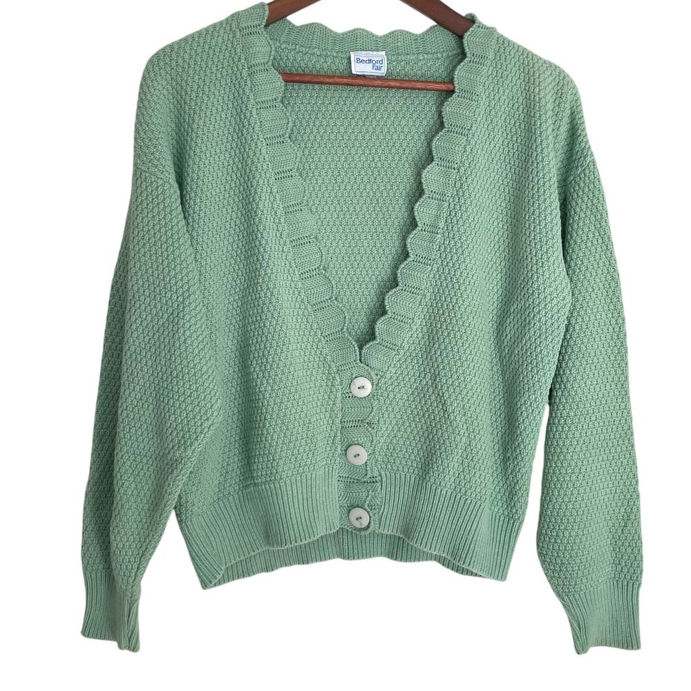 Vtg 90s Bedford Fair Cardigan Sweater Large L Sage Green Cottagecore Scalloped